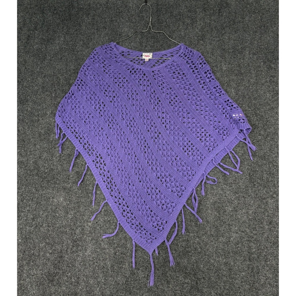 Justice Crochet Poncho Girls Size 12/14 Purple Fringe Open Knit Boho Sweater